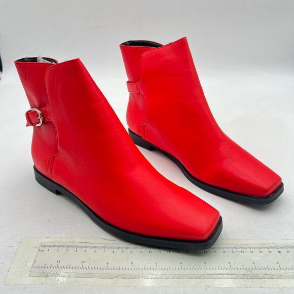 Red Women Square Toe Low Heel Ankle Booots Buckle Comfort Shoes - Picture 3 of 7